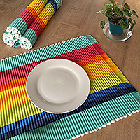 Cotton blend placemats, 'Aqua and Rainbow' (set of 4) - Hand Woven Striped Placemats from Colombia (set of 4) 