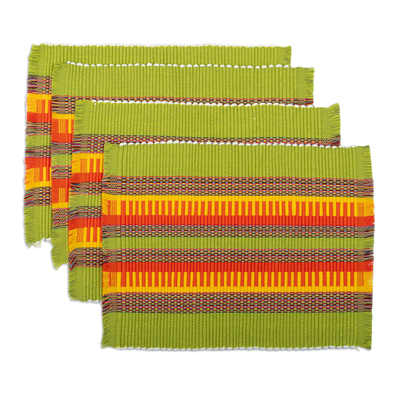 Cotton blend placemats, 'Green Matinee' (set of 4) - Set of 4 Handwoven Spring Green Cotton Blend Placemats