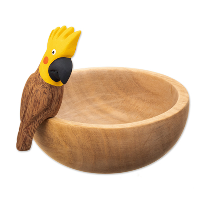 Wood decorative bowl, 'Cockatoo Spirit' - Handmade Cedar Wood Decorative Bowl with a Yellow Cockatoo
