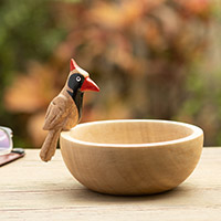 Wood decorative bowl, 'Woodpecker Spirit' - Handmade Cedar Wood Decorative Bowl with a Red Woodpecker