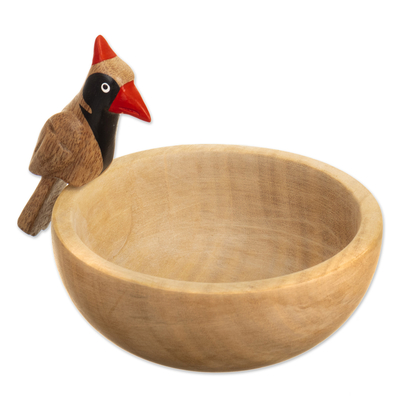 Handmade Cedar Wood Decorative Bowl with a Red Woodpecker