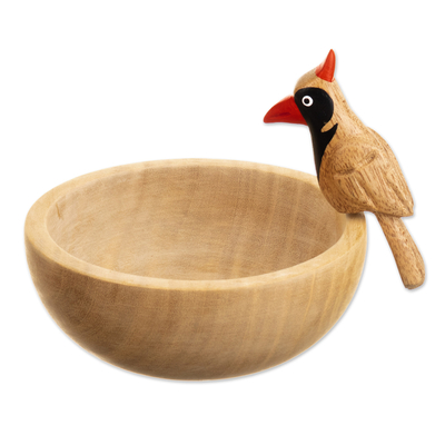 Cuenco decorativo de madera - Cuenco decorativo hecho a mano de madera de cedro con un pájaro carpintero rojo