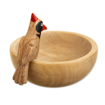Cuenco decorativo de madera - Cuenco decorativo hecho a mano de madera de cedro con un pájaro carpintero rojo