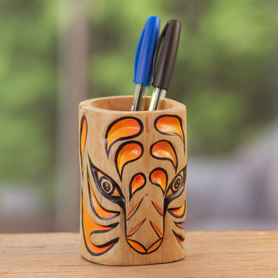 Wood pen holder, 'Jaguar Gaze' - Jaguar-Themed Cedar Wood Pen Holder Crafted in Colombia