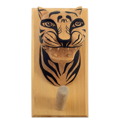Wood coat rack, 'Mighty Jaguar' - Cedar Wood Jaguar Coat Rack Carved and Painted by Hand
