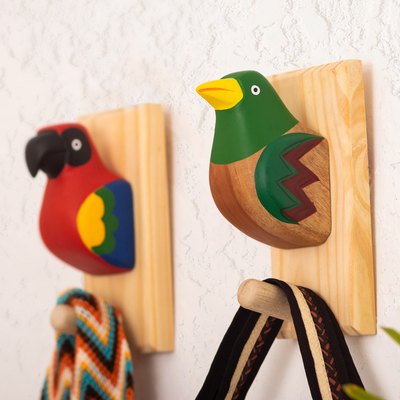 Wood coat rack, 'Jungle Bird' - Hand-Painted Cedar Wood Coat Rack with Green Bird