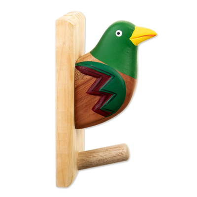 Wood coat rack, 'Jungle Bird' - Hand-Painted Cedar Wood Coat Rack with Green Bird