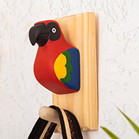 Wood coat rack, 'Eden Bird' - Hand-Painted Cedar Wood Coat Rack with Colorful Macaw