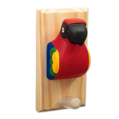 Hand-Painted Cedar Wood Coat Rack with Colorful Macaw