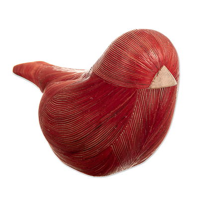 Wood and natural fiber figurine, 'Red Plumage' - Handmade Cedar Wood and Natural Fiber Bird Figurine in Red
