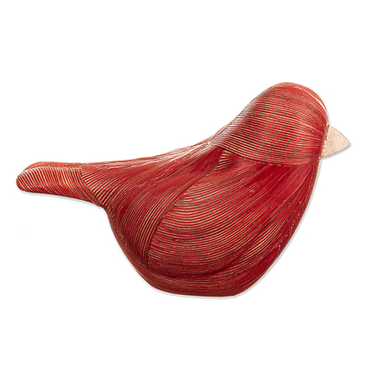 Wood and natural fiber figurine, 'Red Plumage' - Handmade Cedar Wood and Natural Fiber Bird Figurine in Red