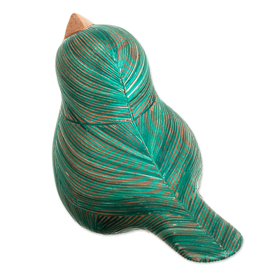 Wood and natural fiber figurine, 'Green Plumage' - Handmade Cedar Wood and Natural Fiber Bird Figurine in Green