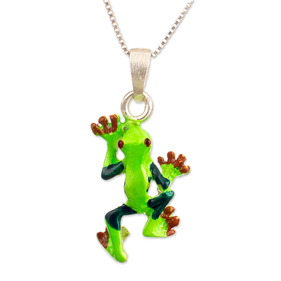 Sterling silver pendant necklace, 'Tree Frog' - Painted Frog-Themed Sterling Silver Pendant Necklace