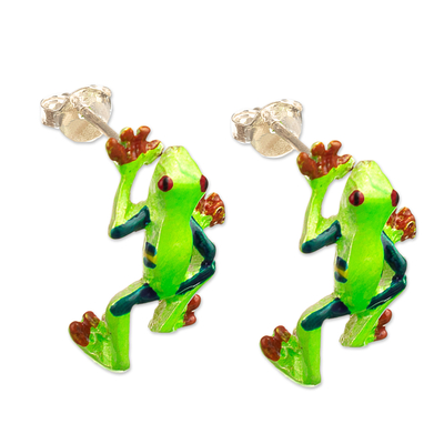 Sterling silver button earrings, 'Tree Frog' - Painted Frog-Themed Sterling Silver Button Earrings