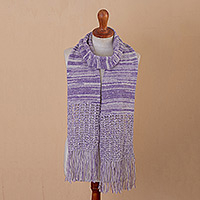 Alpaca blend scarf, 'Violet Paths' - Knit Ivory and Violet Alpaca Blend Scarf with Fringes
