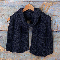 Blue & Grey Cotton Blend Scarf Hand-Knit in Triangle Shape