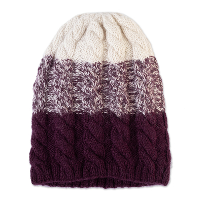 Alpaca Blend Hat in Purple and Ivory Hand-Knitted in Peru