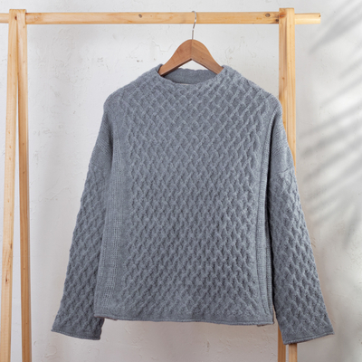 100% alpaca sweater, Serene Blue Trellis