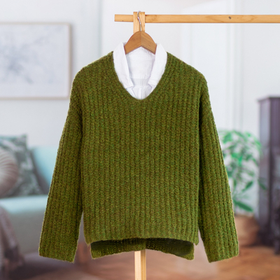 Jersey en mezcla de alpaca - Suéter verde de mezcla de alpaca tejido a mano de Perú