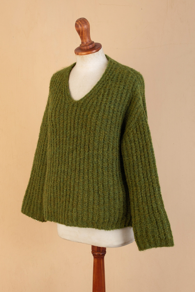 Jersey en mezcla de alpaca - Suéter verde de mezcla de alpaca tejido a mano de Perú