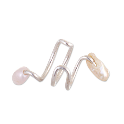 Cultured pearl ear cuff, 'Marine Spirals' - Polished Sterling Silver Ear Cuff with Cultured Pearls