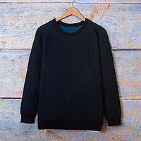 Men's alpaca blend sweater, 'Textures & Azure Diamonds' - Men's Alpaca Blend Sweater in Black and Azure Made in Peru