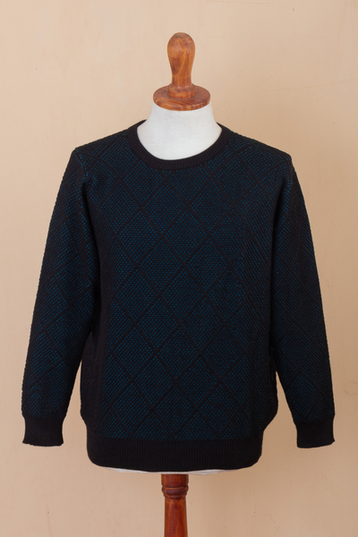 Jersey de hombre en mezcla de alpaca - Suéter de mezcla de alpaca para hombre en negro y azul hecho en Perú