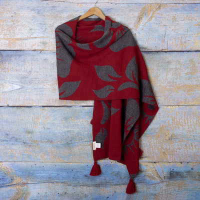 Floral-Themed Grey and Red Alpaca Blend Shawl Knit in Peru