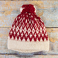 100% alpaca hat, 'Flamingos in The Sky' - 100% Alpaca Crocheted Hat in Red and White Handmade in Peru