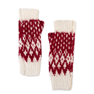 100% Alpaca Crocheted Fingerless Mitts in Red and White