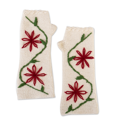 100% alpaca fingerless mitts, 'Contrasting Flowers' - 100% Alpaca Crocheted and Embroidered Fingerless Mitts