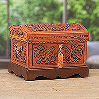 Wood and leather jewellery box, 'Viceroyalty' - Wood and Leather jewellery Box with Bronze Handles and Key