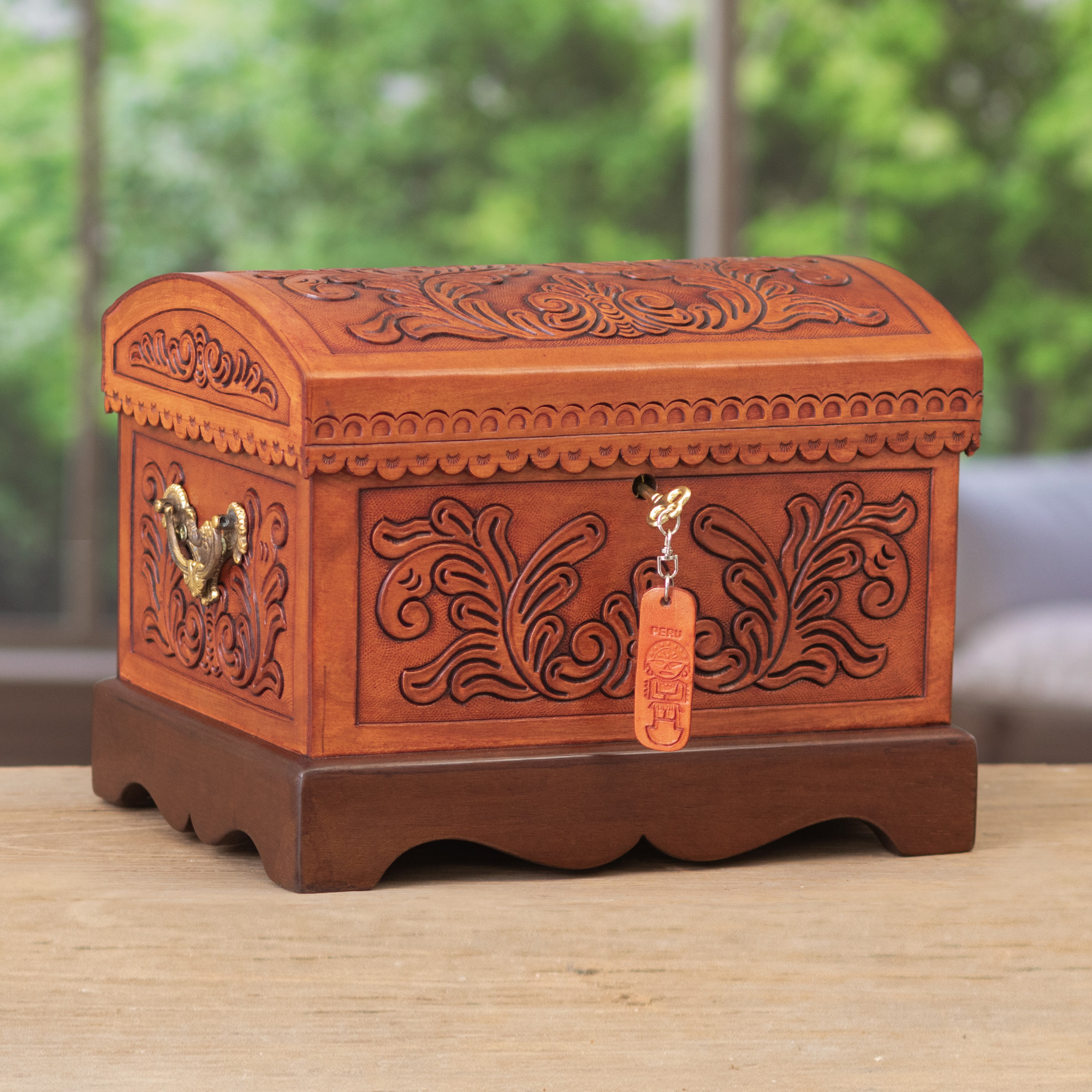 Wood and Leather Jewelry Box with Bronze Handles and Key