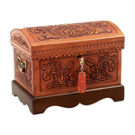 Wood and leather jewelry box, 'Viceroyalty' - Wood and Leather Jewelry Box with Bronze Handles and Key