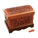 Wood and leather jewelry box, 'Viceroyalty' - Wood and Leather Jewelry Box with Bronze Handles and Key