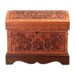 Wood and leather jewelry box, 'Viceroyalty' - Wood and Leather Jewelry Box with Bronze Handles and Key