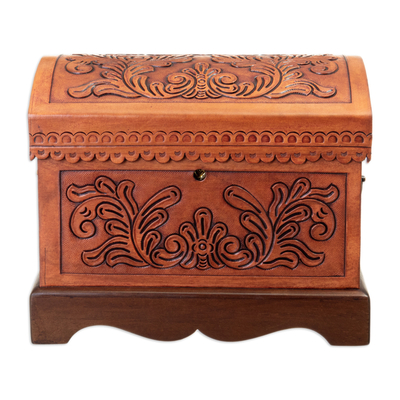 Wood and Leather jewellery Box with Bronze Handles and Key, 'Viceroyalty'