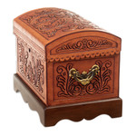 Wood and leather jewelry box, 'Viceroyalty' - Wood and Leather Jewelry Box with Bronze Handles and Key