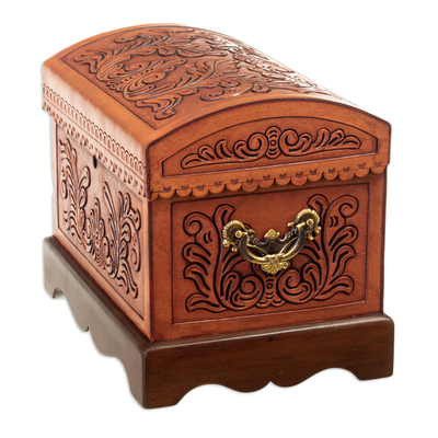 Wood and leather jewellery box, 'Viceroyalty' - Wood and Leather jewellery Box with Bronze Handles and Key