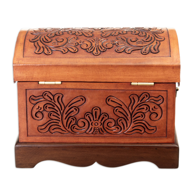 Wood and Leather Jewelry Box with Bronze Handles and Key - Viceroyalty