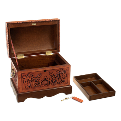 Wood and Leather jewellery Box with Bronze Handles and Key