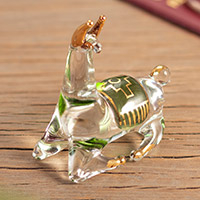 Gilded glass figurine, 'Llama's Rest' - Gilded Clear & Green Glass Llama Figurine Hand-Blown in Peru