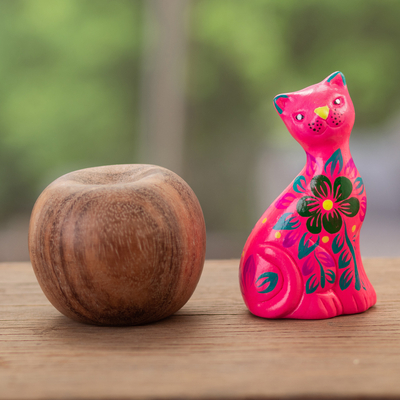 Keramikfigur - Handbemalte rosa Keramik-Katzenfigur mit Blumenmotiv