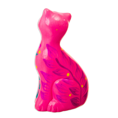 Ceramic figurine, 'Sweet Cat in Pink' - Hand-Painted Pink Ceramic Cat Figurine with Floral Motif