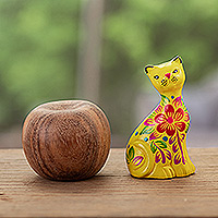 Ceramic figurine, 'Feline Ayacucho in Yellow' - Hand-Painted Ceramic Figurine of a Floral Yellow Cat