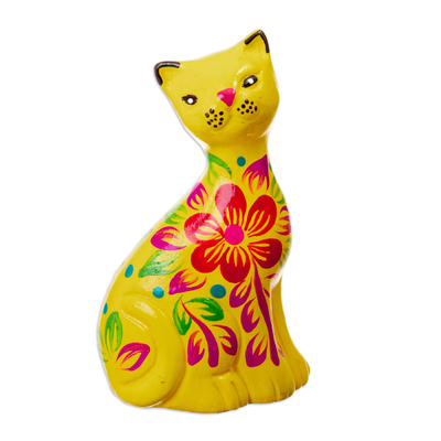 Hand-Painted Ceramic Figurine of a Floral Yellow Cat