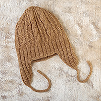 100% alpaca chullo hat, 'Braids' - 100% Alpaca Chullo Hat in Beige Hand-Knitted in Peru