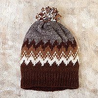 100% alpaca hat, 'Mighty Mountains' - 100% Alpaca Unisex in Brown Hat Hand-Knitted in Peru