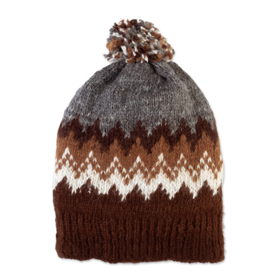100% Alpaca Unisex in Brown Hat Hand-Knitted in Peru