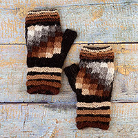 100% alpaca fingerless mitts, 'Andean Cosmovision' - 100% Alpaca Geometric Fingerless Mitts Hand-Knitted in Peru